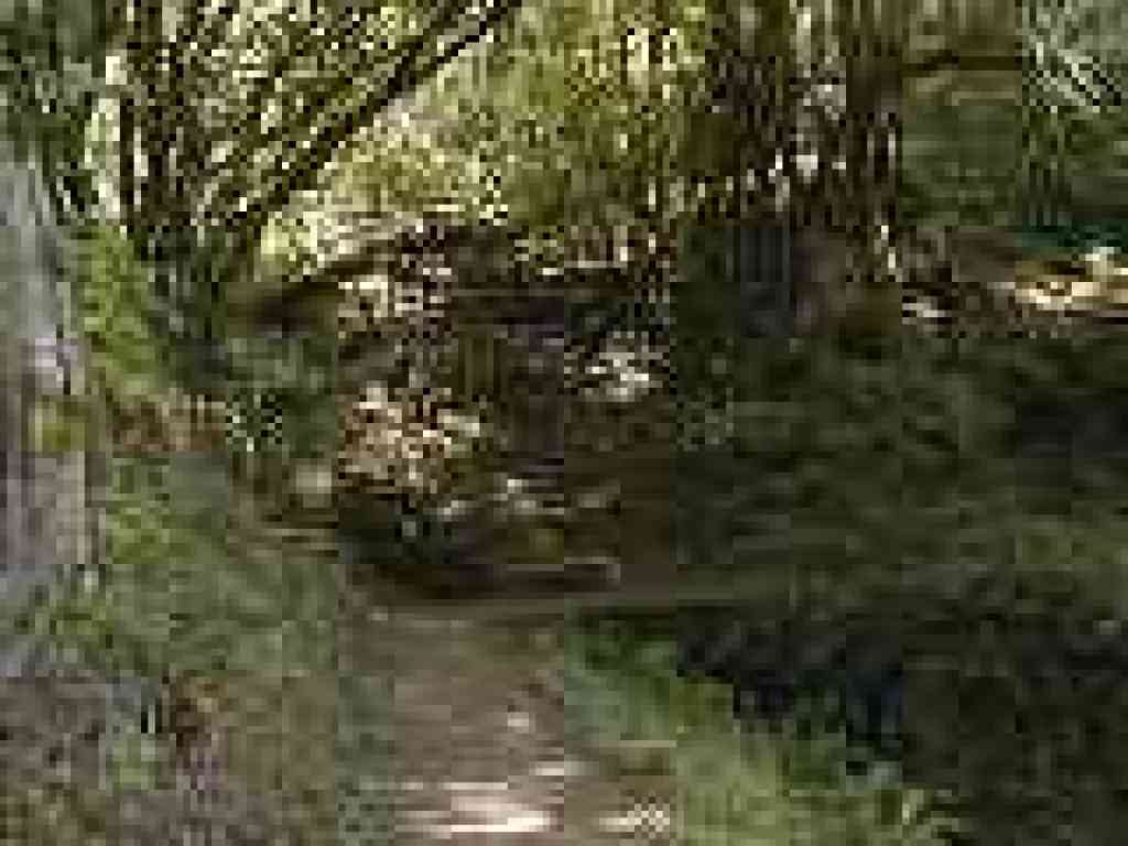 Rustic bench at creek crossing